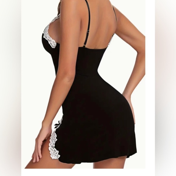 Womens 2pc Sexy Black V-Neck Chemise Nightgown & G-String Panty Set - Picture 5 of 14